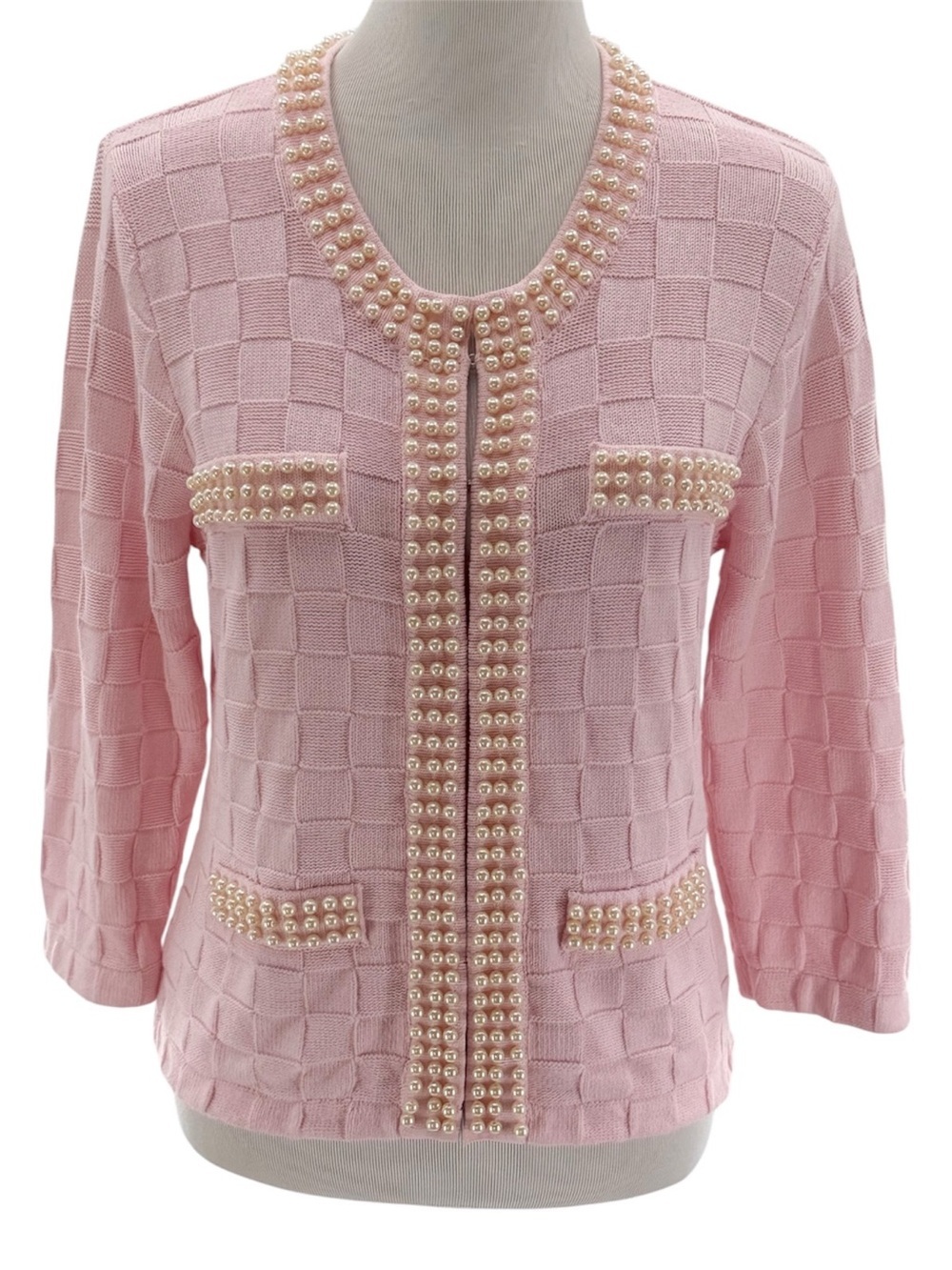 Michael Simon Pink Pearl Embellished Knit Cardigan Jacket PL Petite Large